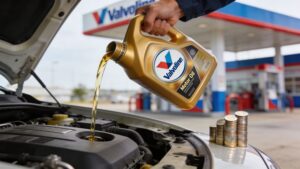 Pouring motor oil into car engine at station