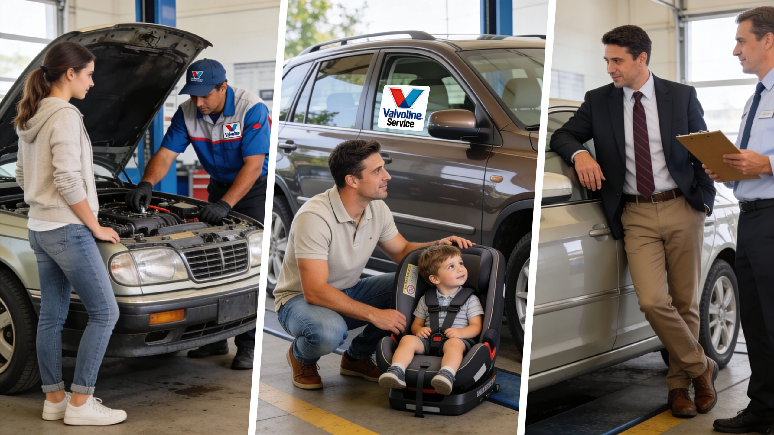 A collage showing professional Valvoline service technicians interacting with customers during car maintenance and inspection visits.