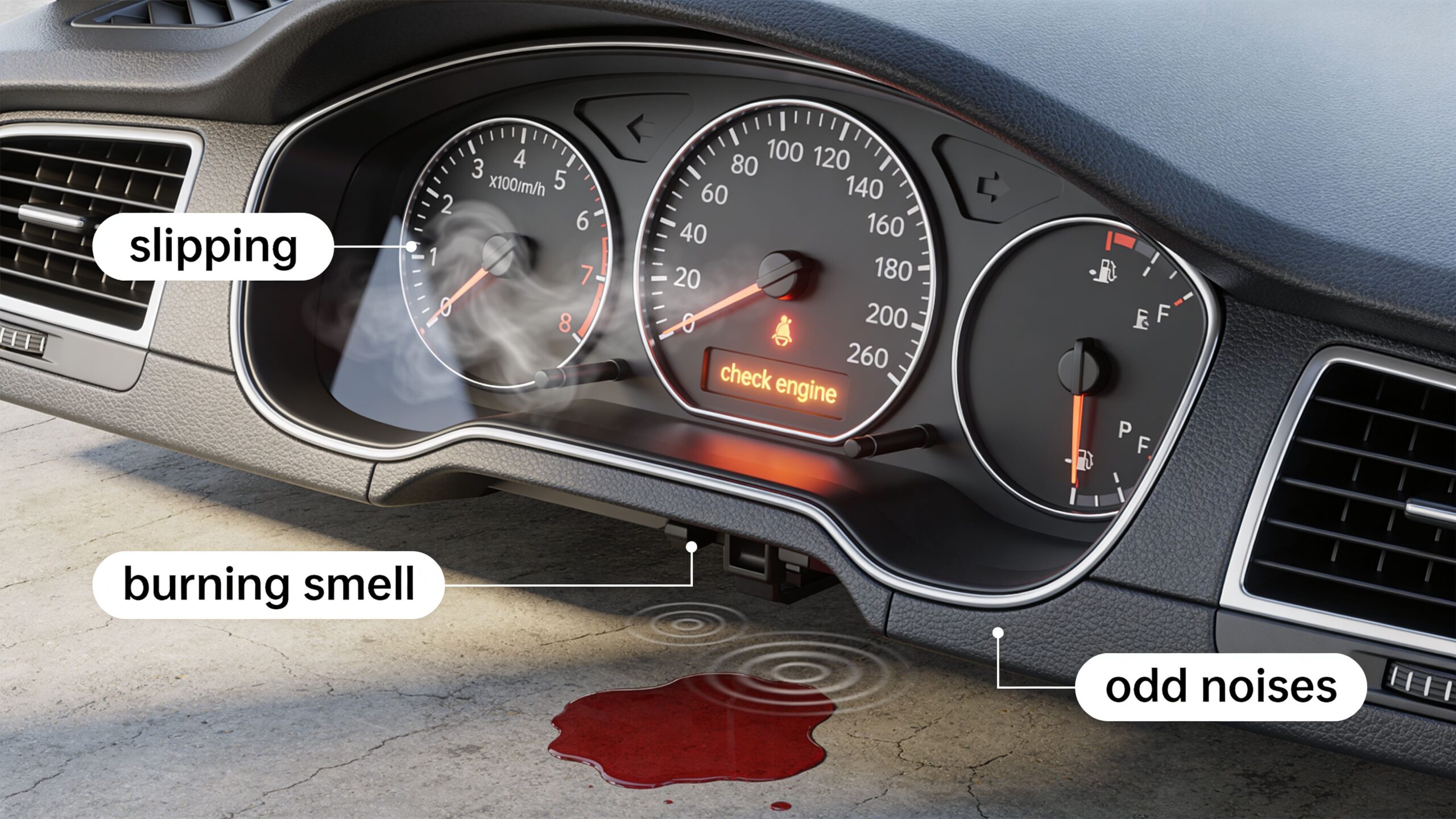 A car dashboard displaying warning lights and smoke with signs of oil leaking on the ground.