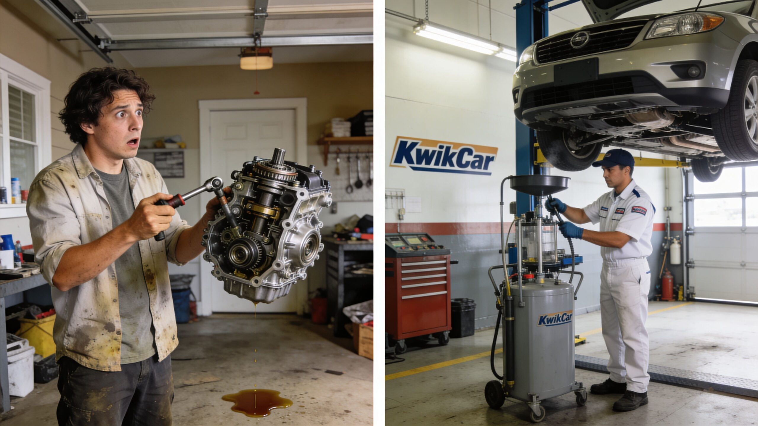 A comparison showing a confused person holding a leaking car transmission and a professional mechanic performing maintenance.