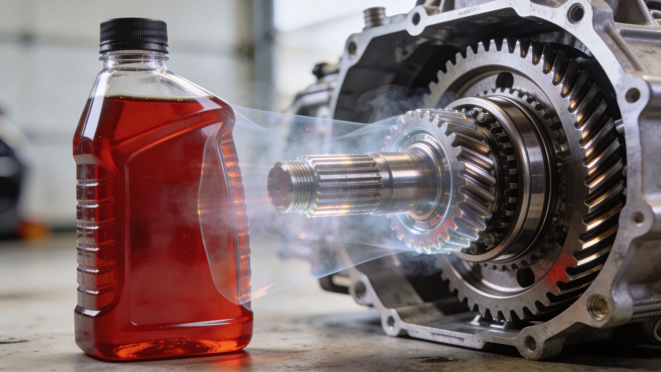 A red plastic bottle of transmission fluid standing next to a car transmission gear assembly.