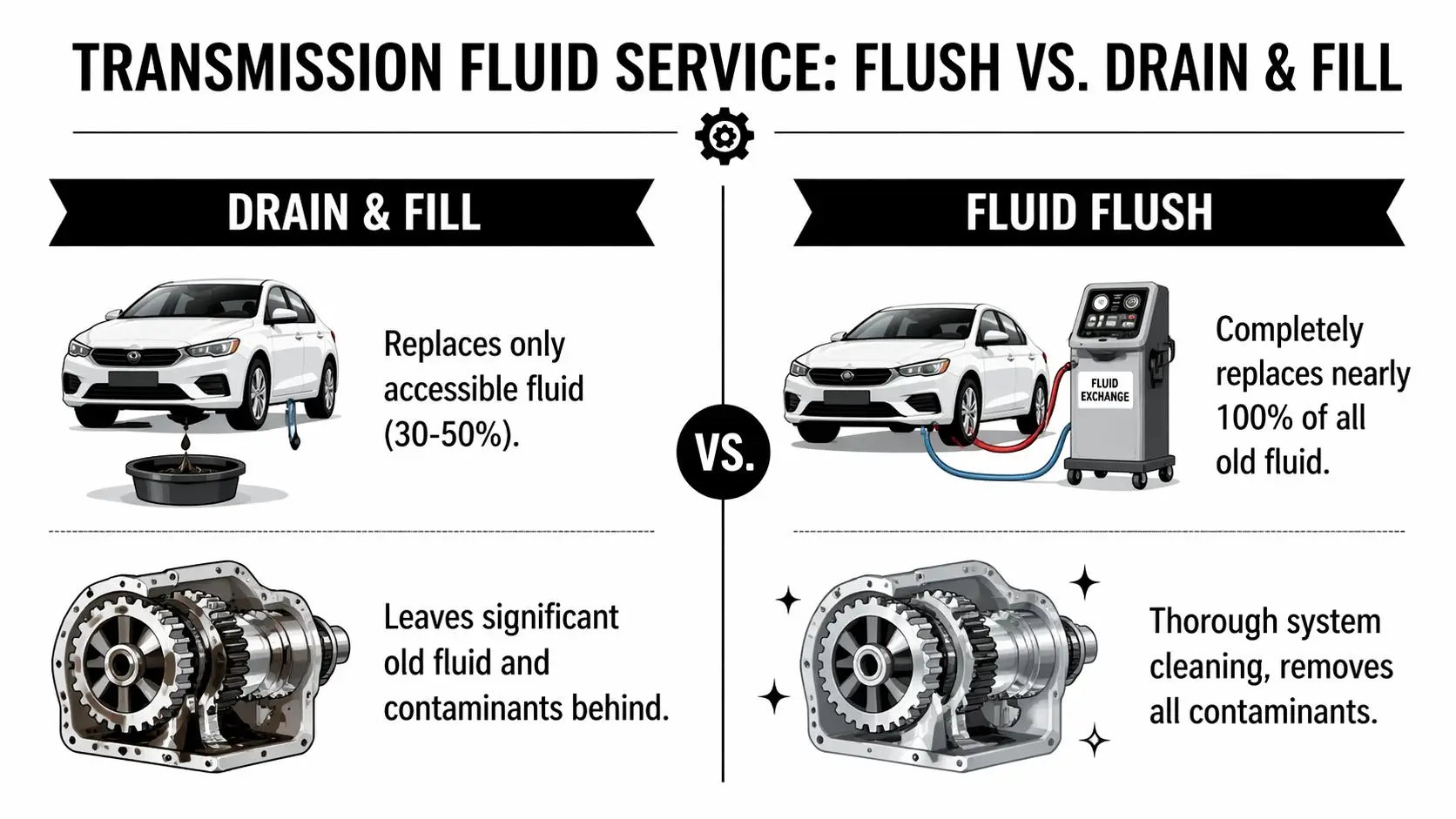 An infographic comparing the differences between a car transmission fluid drain and fill versus a fluid flush.