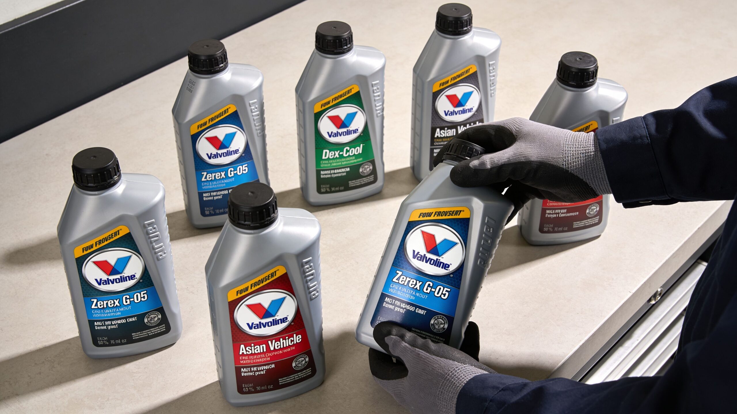 A gloved hand holding a Valvoline Zerex G-05 coolant bottle surrounded by other Valvoline antifreeze products.