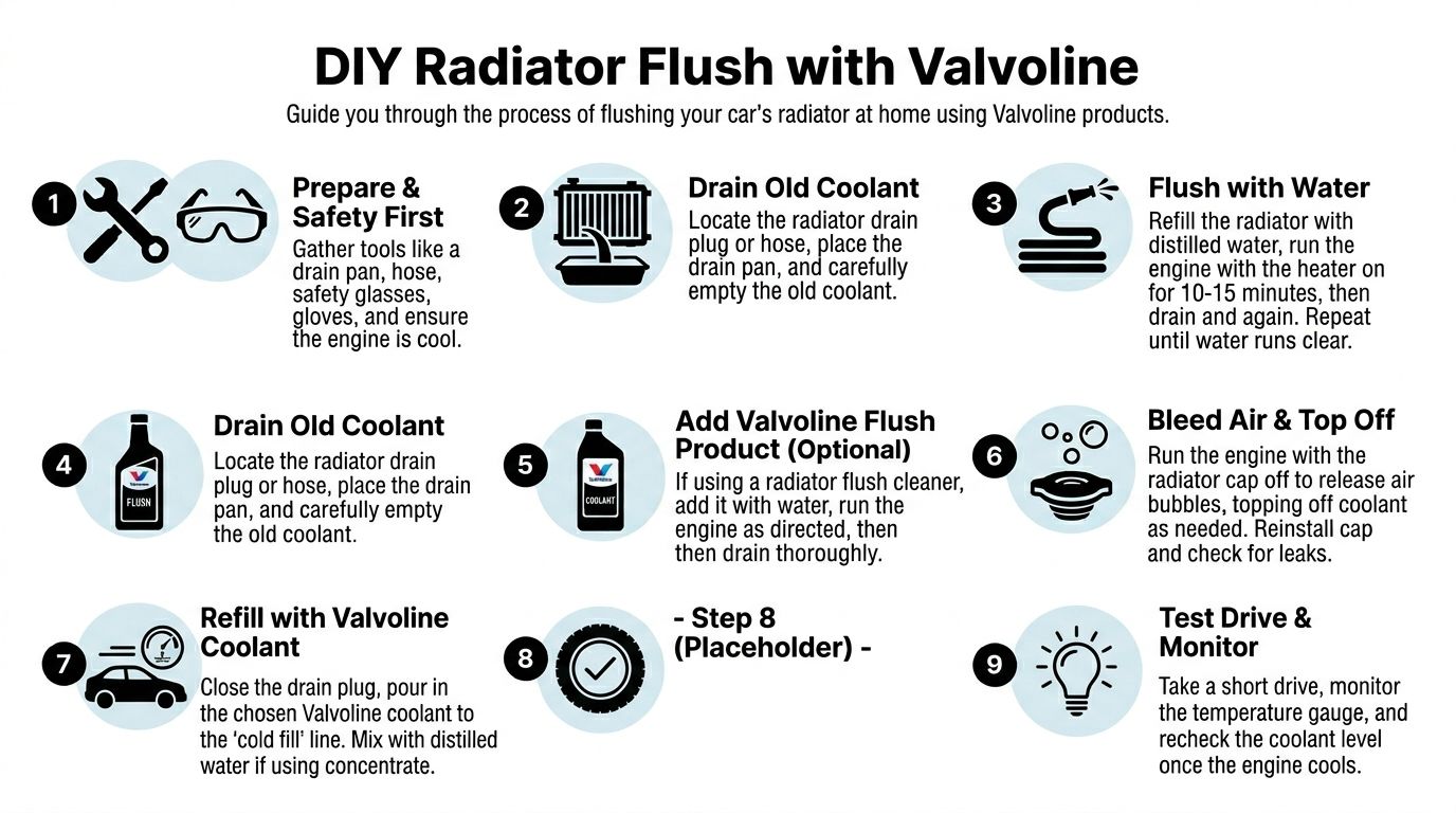 A nine-step infographic showing how to perform a DIY car radiator flush using Valvoline products.