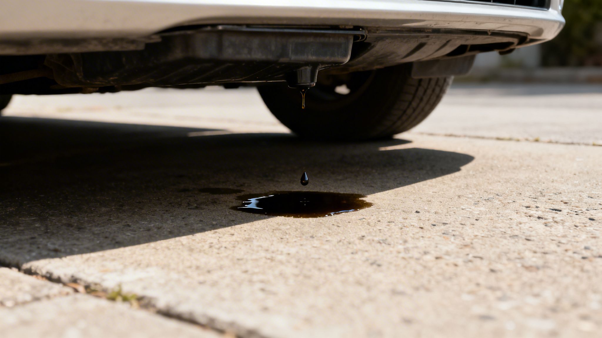A car leaking dark oil onto a concrete driveway from the underside of the vehicle engine pan.