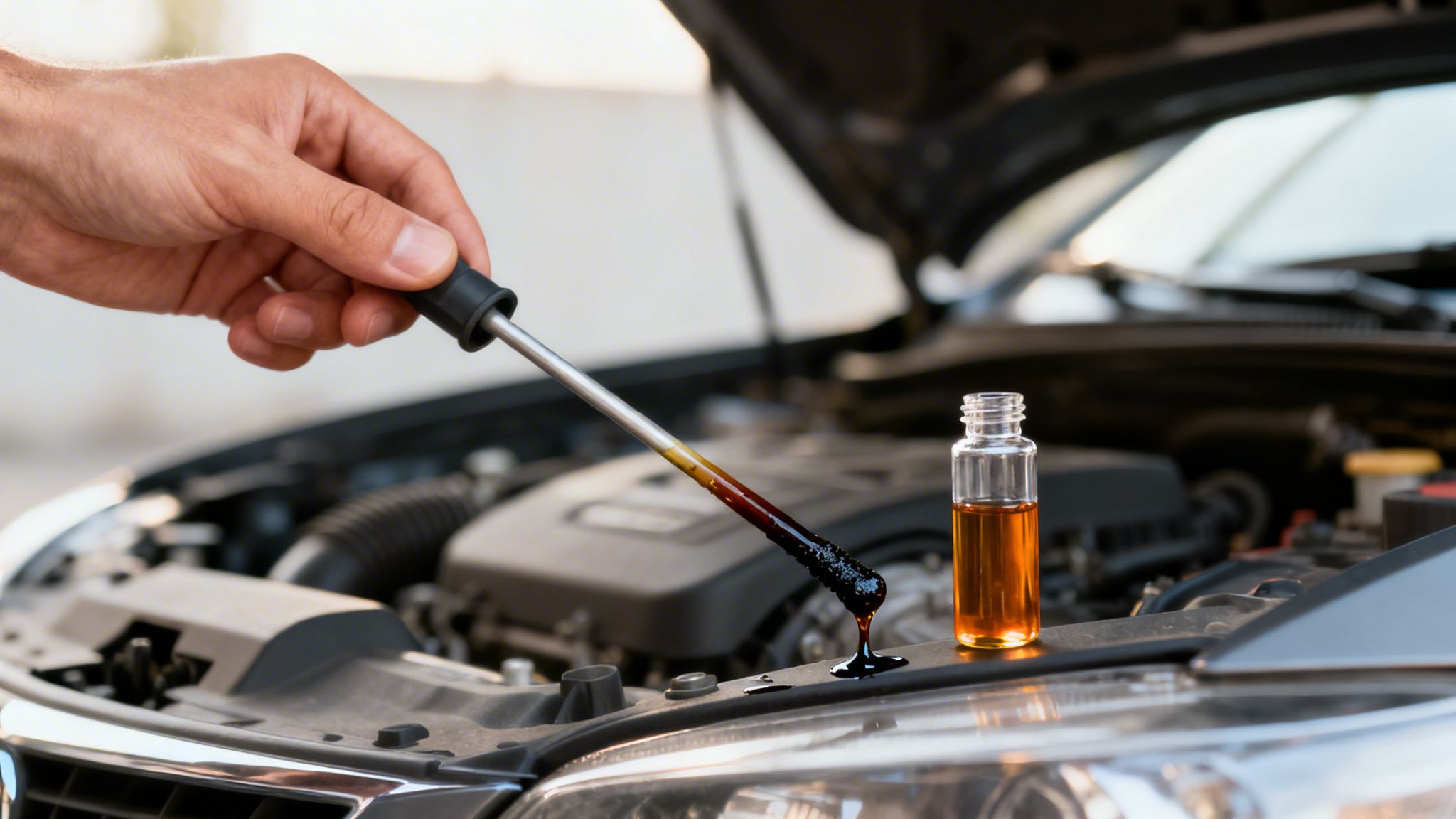 A mechanic holding a pipette dripping dark oil next to a vial of clean motor oil