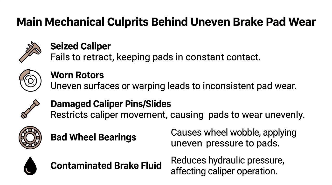 A list of five main mechanical causes of uneven brake pad wear, including calipers, rotors, and bearings.