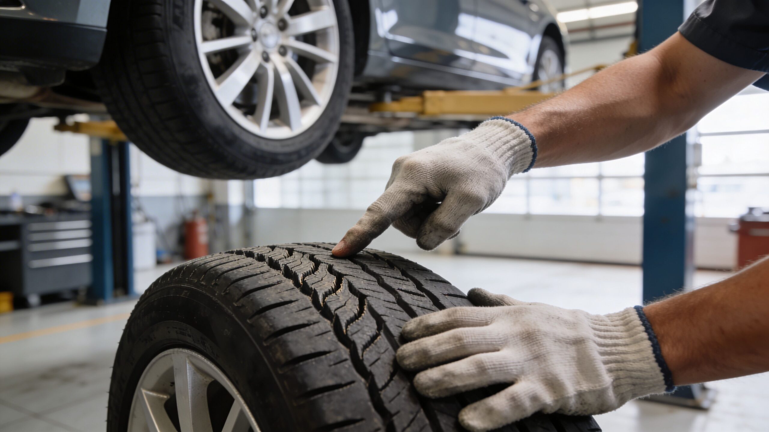 A professional mechanic in a workshop inspects the tread pattern on a removed car tire.