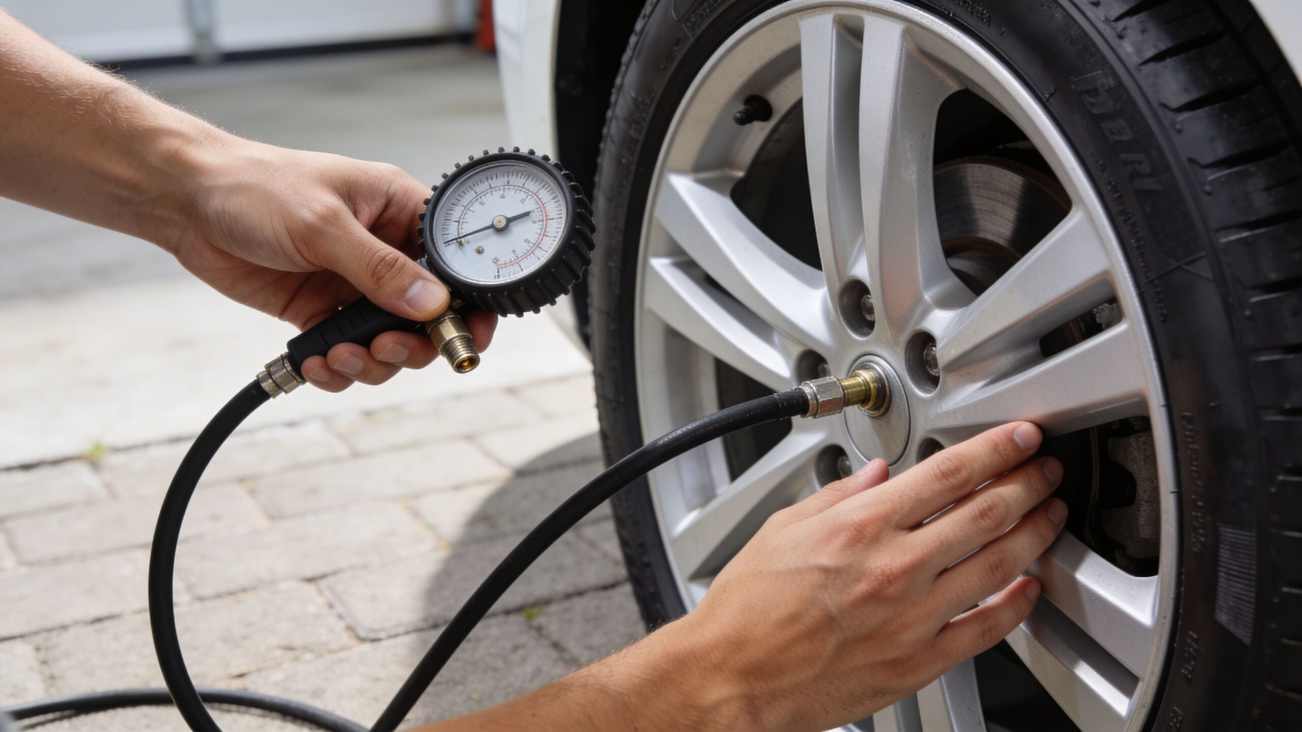 A technician checks the tire pressure of a car wheel using a professional analog pressure gauge tool.