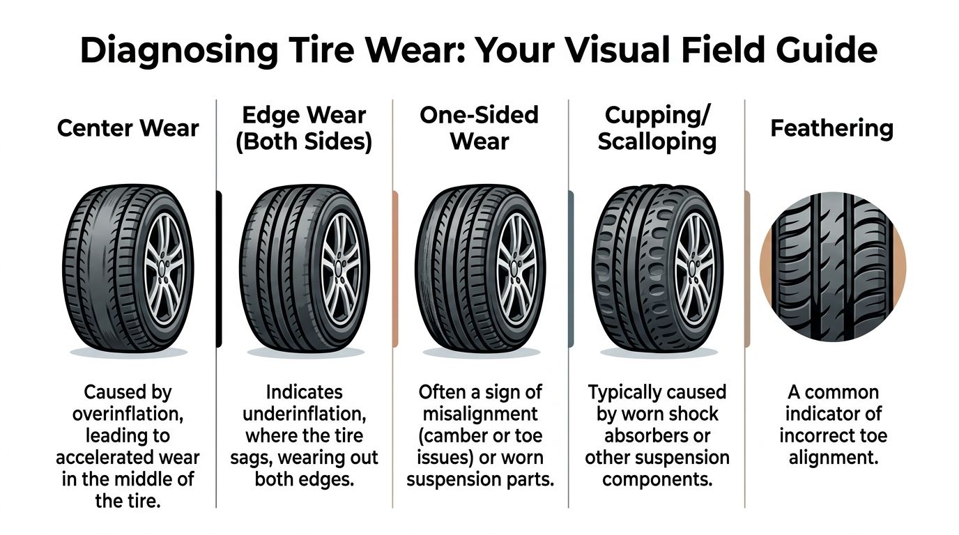 A visual guide showing different types of tire wear patterns and their common mechanical causes.