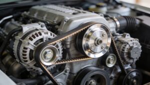 Close-up of car engine with serpentine belt system