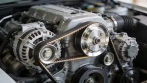 Close-up of car engine with serpentine belt system