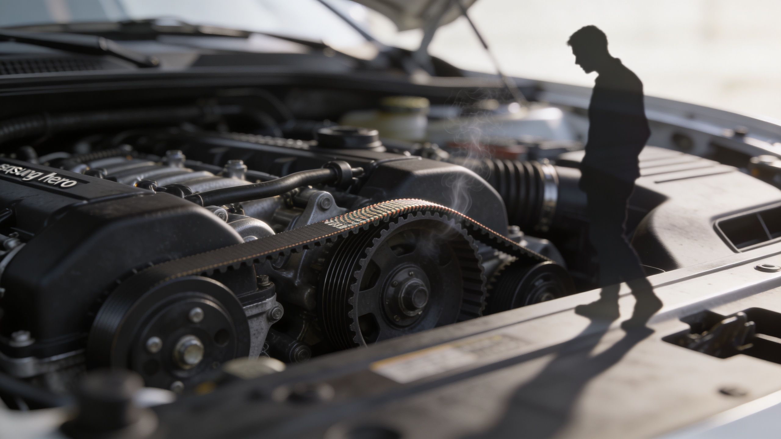 A silhouette of a small person standing near a smoking engine belt in a car.