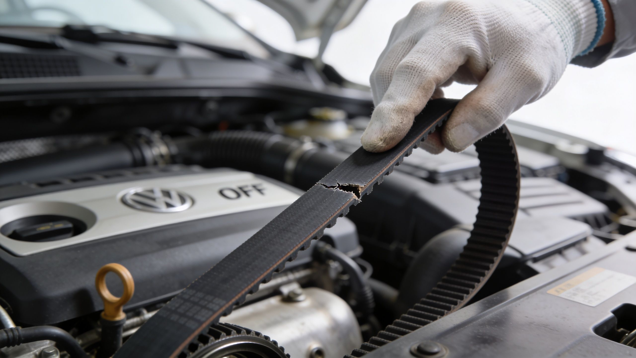 A mechanic holding a damaged car timing belt with a tear clearly visible over the engine bay.
