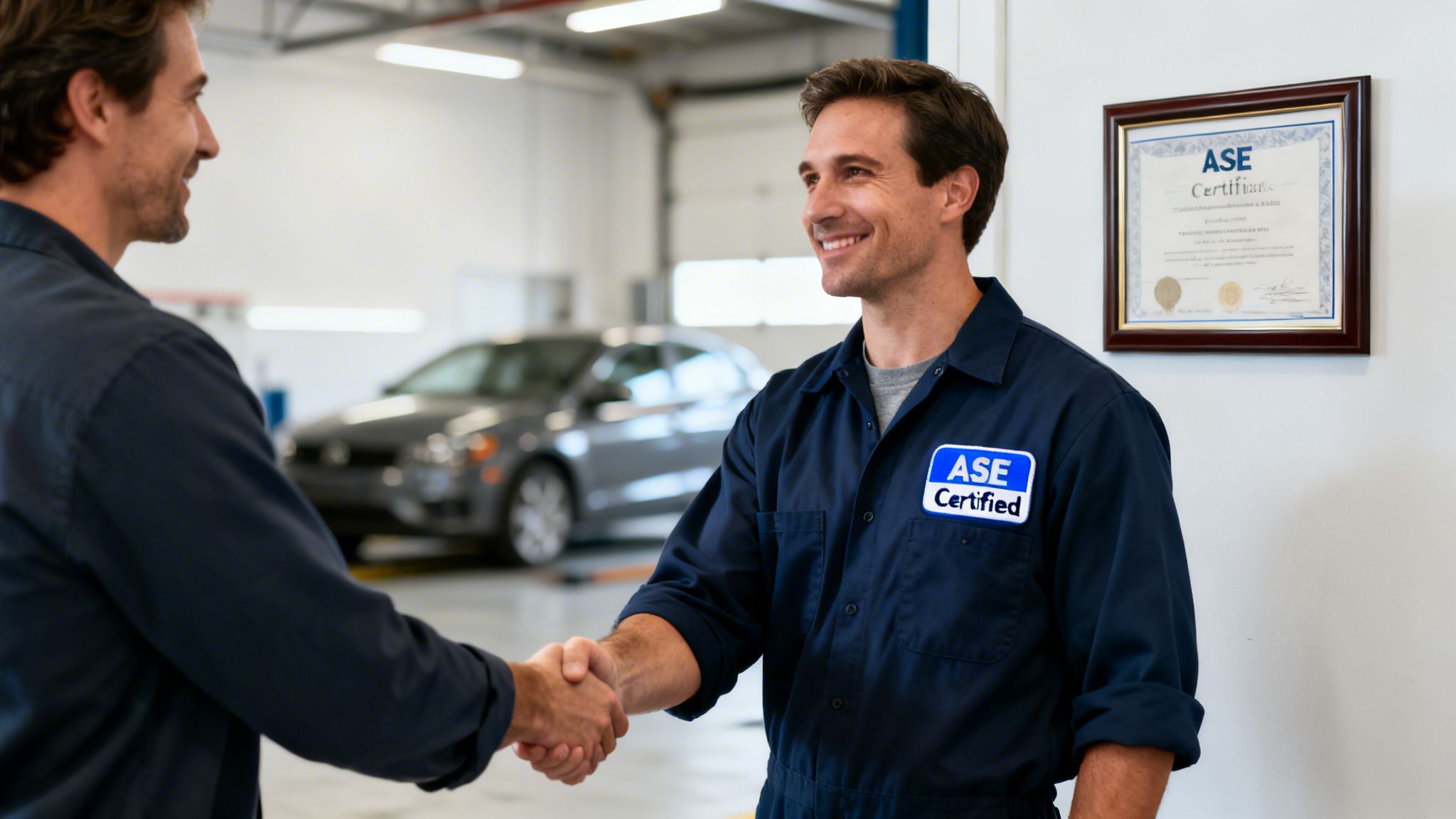 Two smiling mechanics in uniforms shaking hands in a bright auto repair shop.