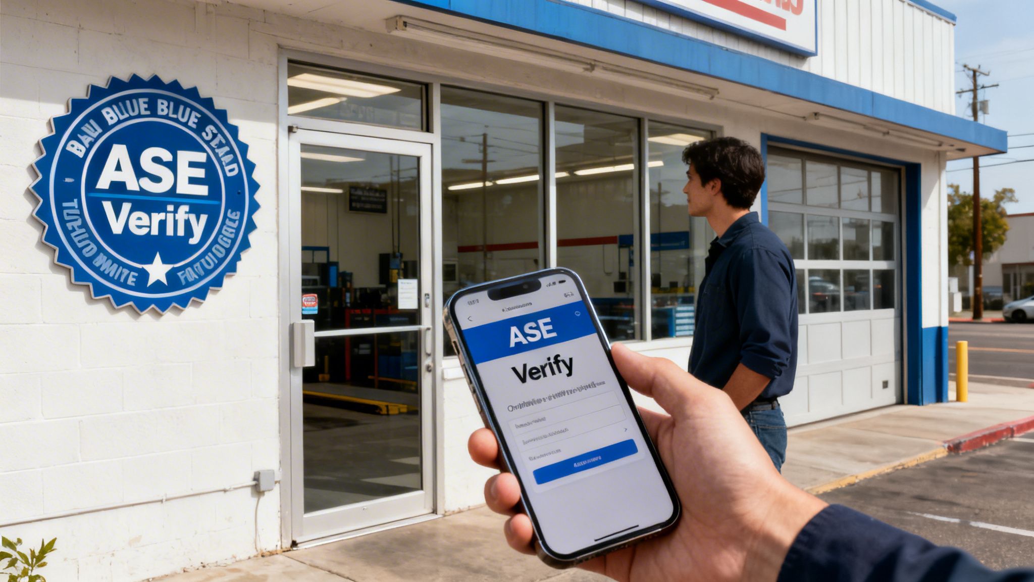 A person holds a smartphone displaying the ASE Verify app in front of an auto service shop with an ASE Verify sign.