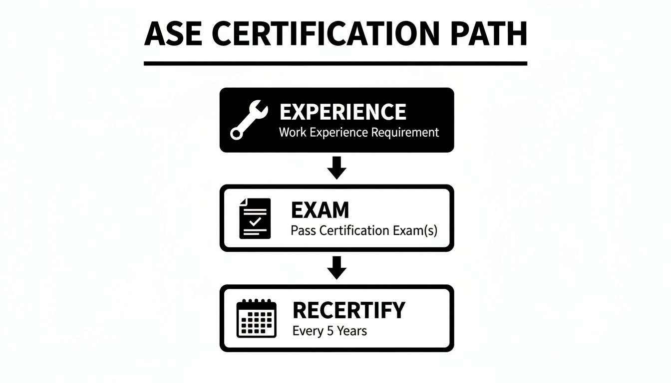 Flowchart detailing the ASE certification path including work experience, passing exams, and recertification every 5 years.