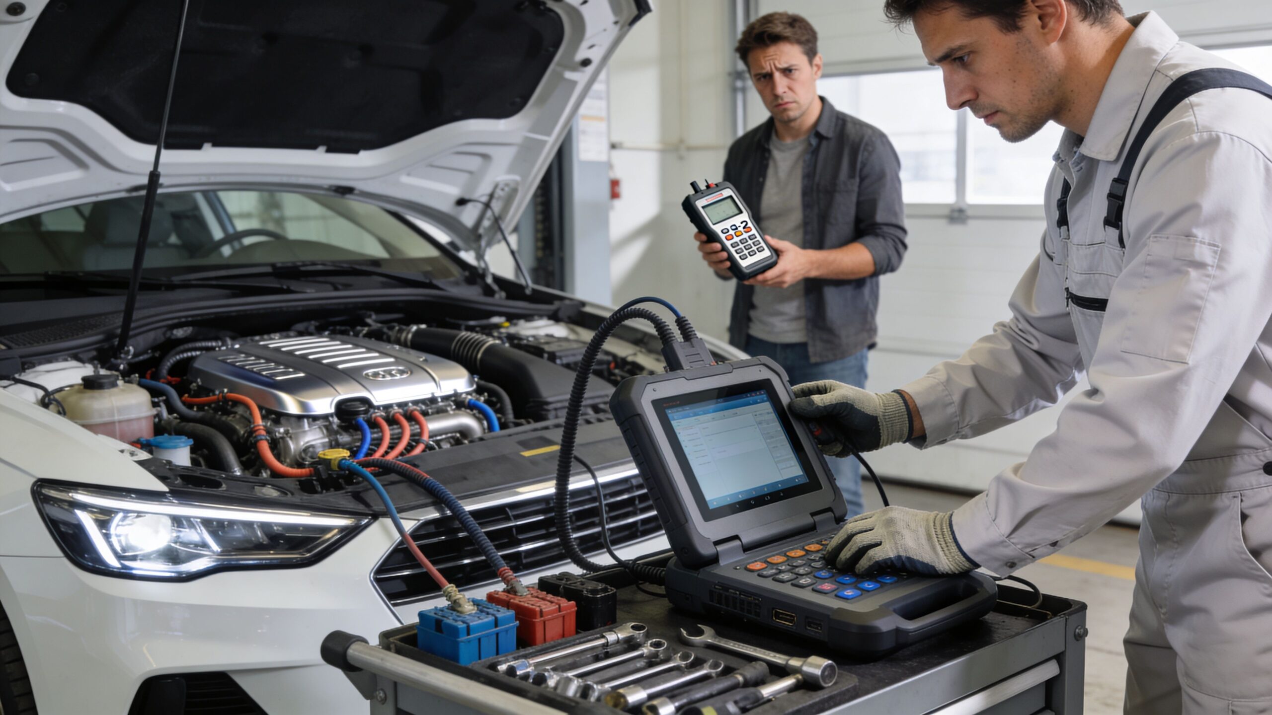 A professional mechanic uses a diagnostic scan tool to check a white car in a service shop.