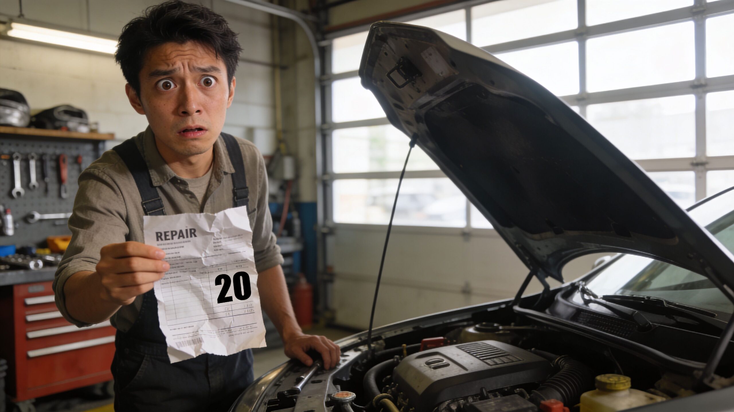 A surprised mechanic holds a crumpled car repair bill in a garage with the hood open.