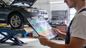Auto mechanic using tablet beside car on lift