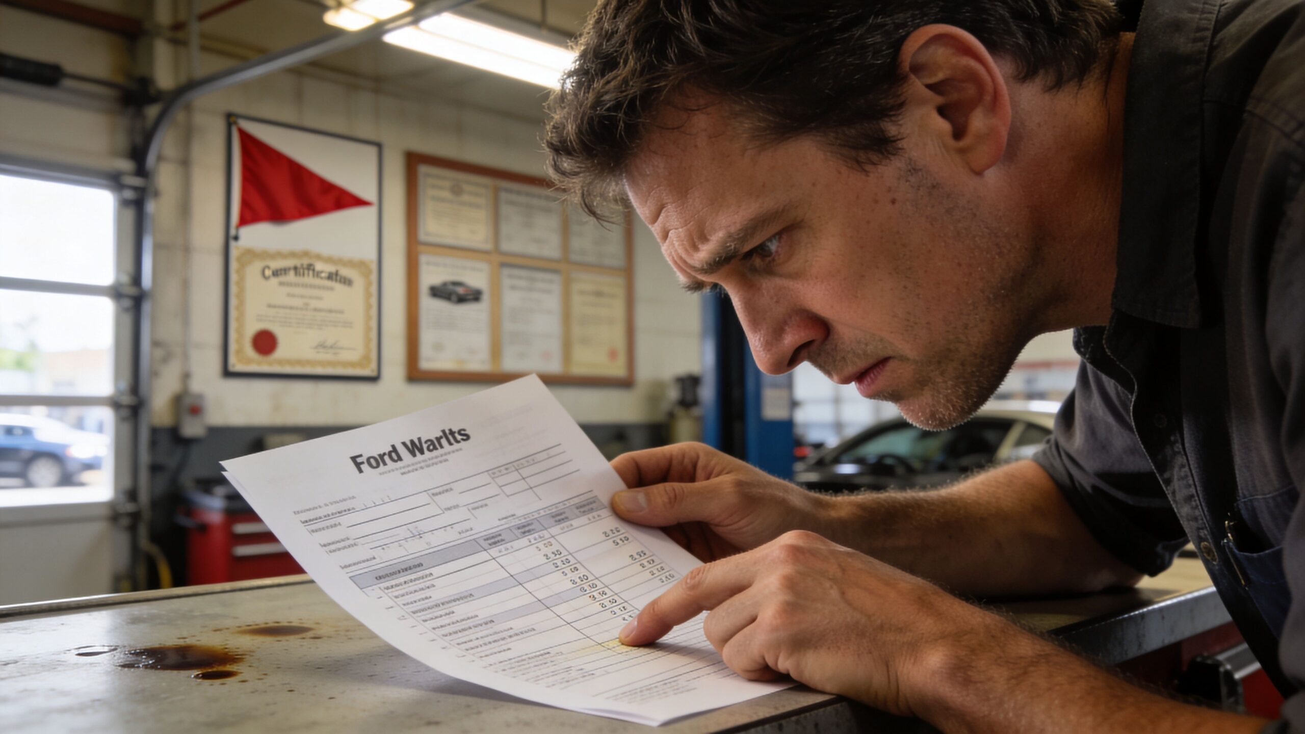 A focused mechanic examines a detailed repair invoice at a garage workbench while reviewing costs.