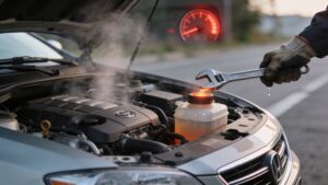 Overheating car engine with steam and glowing coolant reservoir