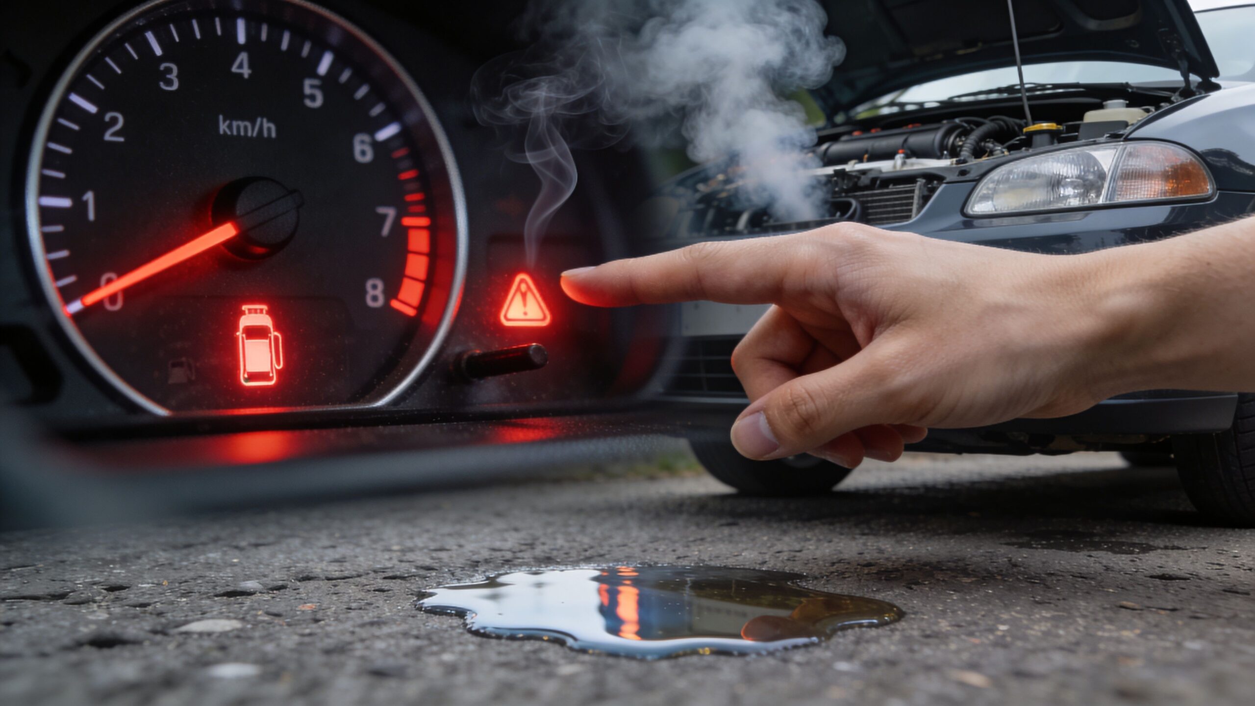 A driver points to a warning light on a car dashboard while smoke rises from a broken engine.