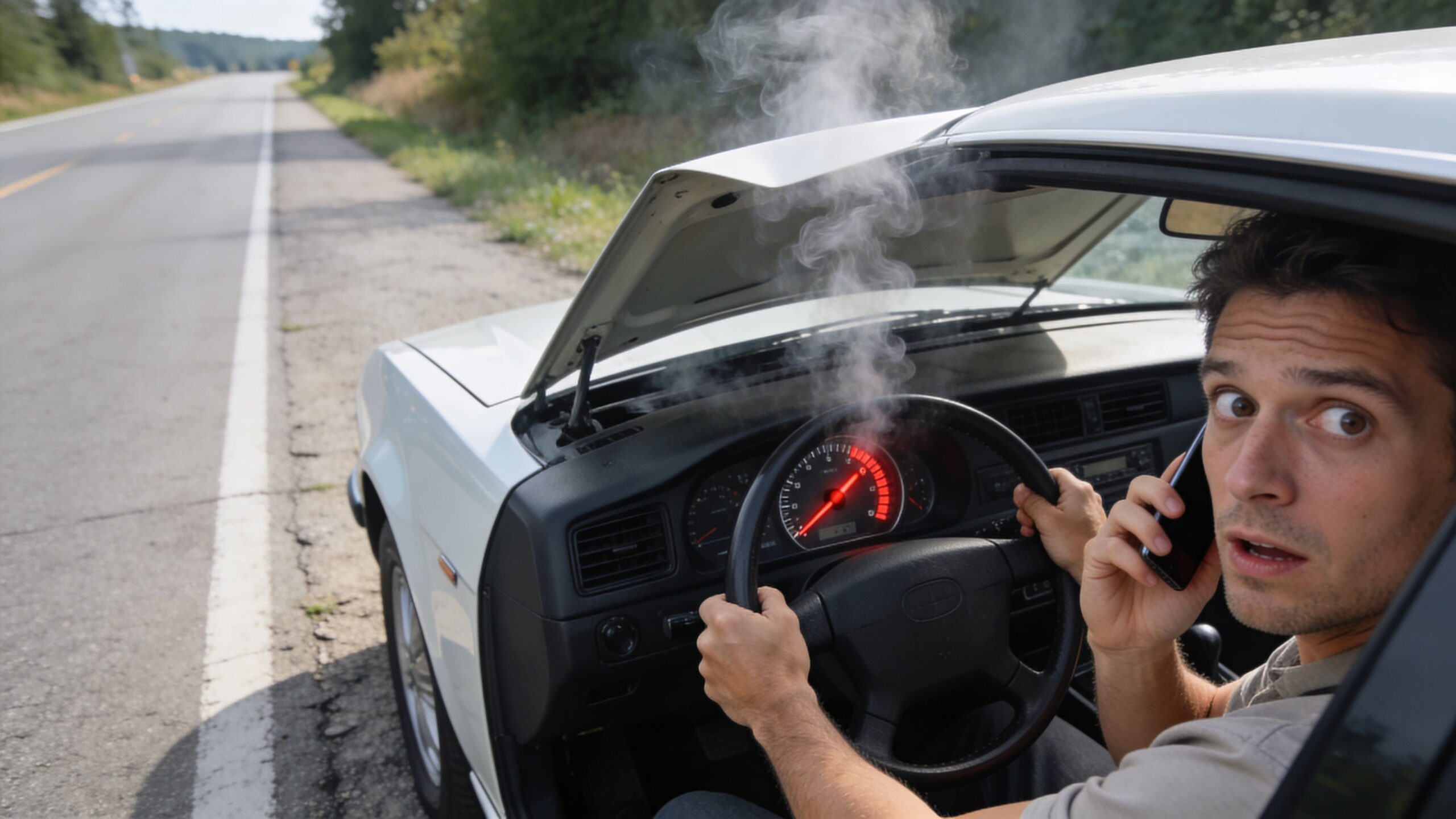A concerned driver talks on his phone while sitting in a car emitting smoke from the engine.