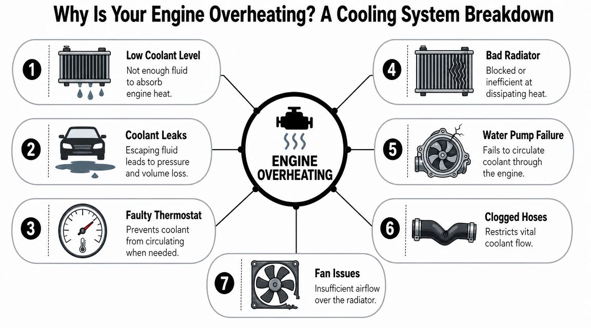 A diagram illustrating seven common causes for car engine overheating, including coolant issues, leaks, and mechanical failures.