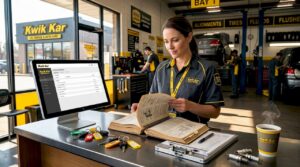 Technician checking service manual at shop counter