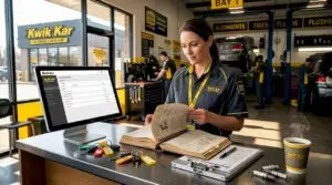 Technician checking service manual at shop counter
