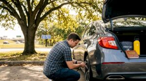 Driver performs car care at Fort Worth highway stop