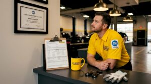 Technician reviewing certifications at local auto shop