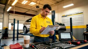 Technician reviewing checklist in auto service garage