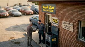 Auto shop owner greeting customer outdoors