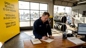 Auto mechanic writing at repair shop counter