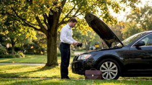 Busy owner checks oil in driveway