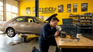 Mechanic inspecting brake caliper in auto shop