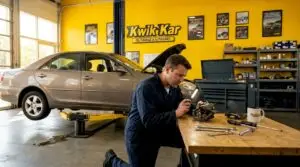 Mechanic inspecting brake caliper in auto shop