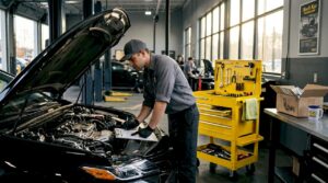 Technician performing routine check on new car engine