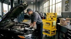 Technician performing routine check on new car engine
