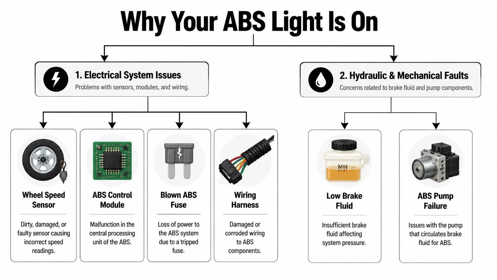 A diagram illustrating common reasons why an ABS dashboard warning light stays on in vehicles.