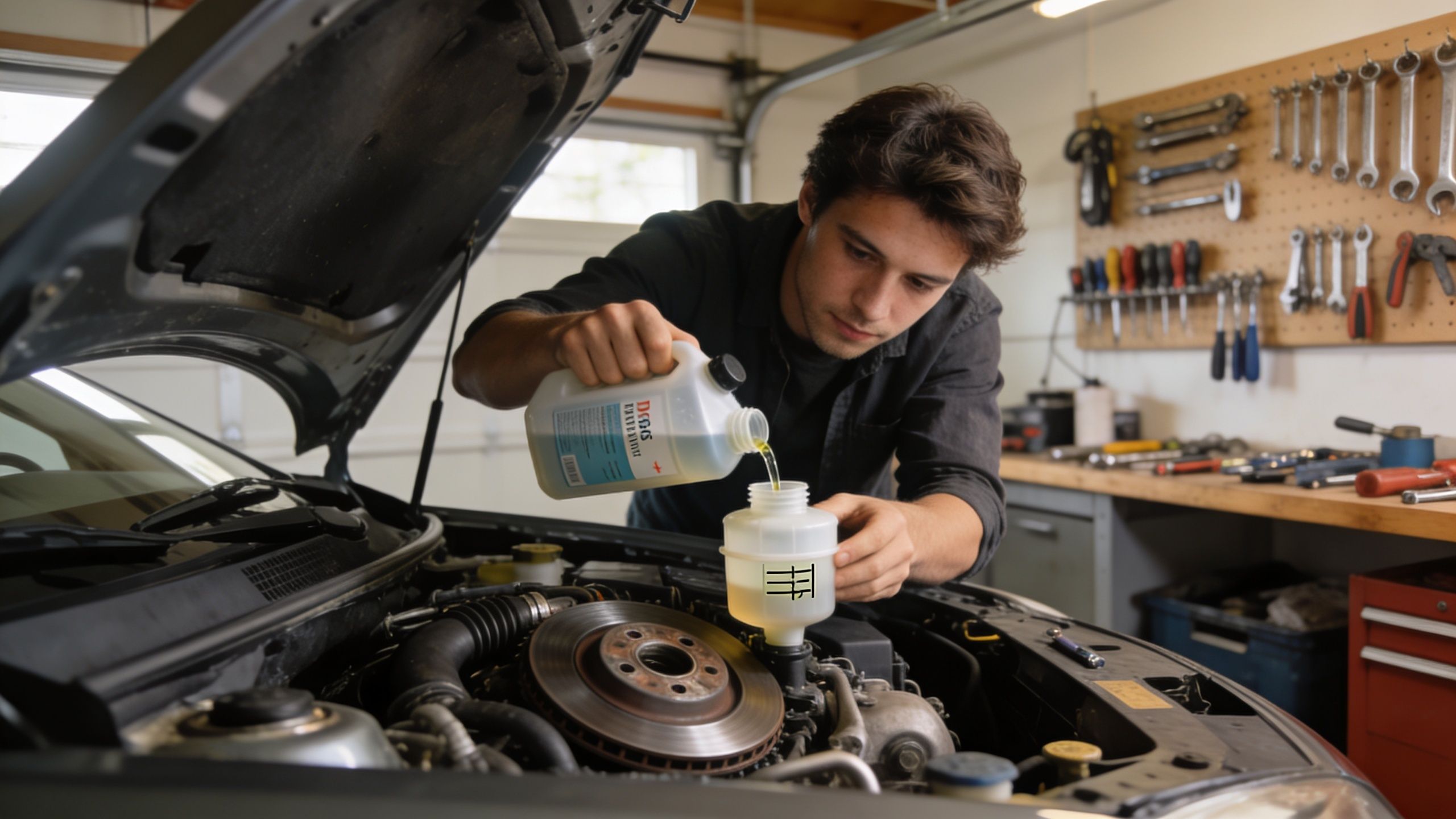 A young mechanic pouring brake fluid into a vehicle's reservoir in a well-equipped professional garage.