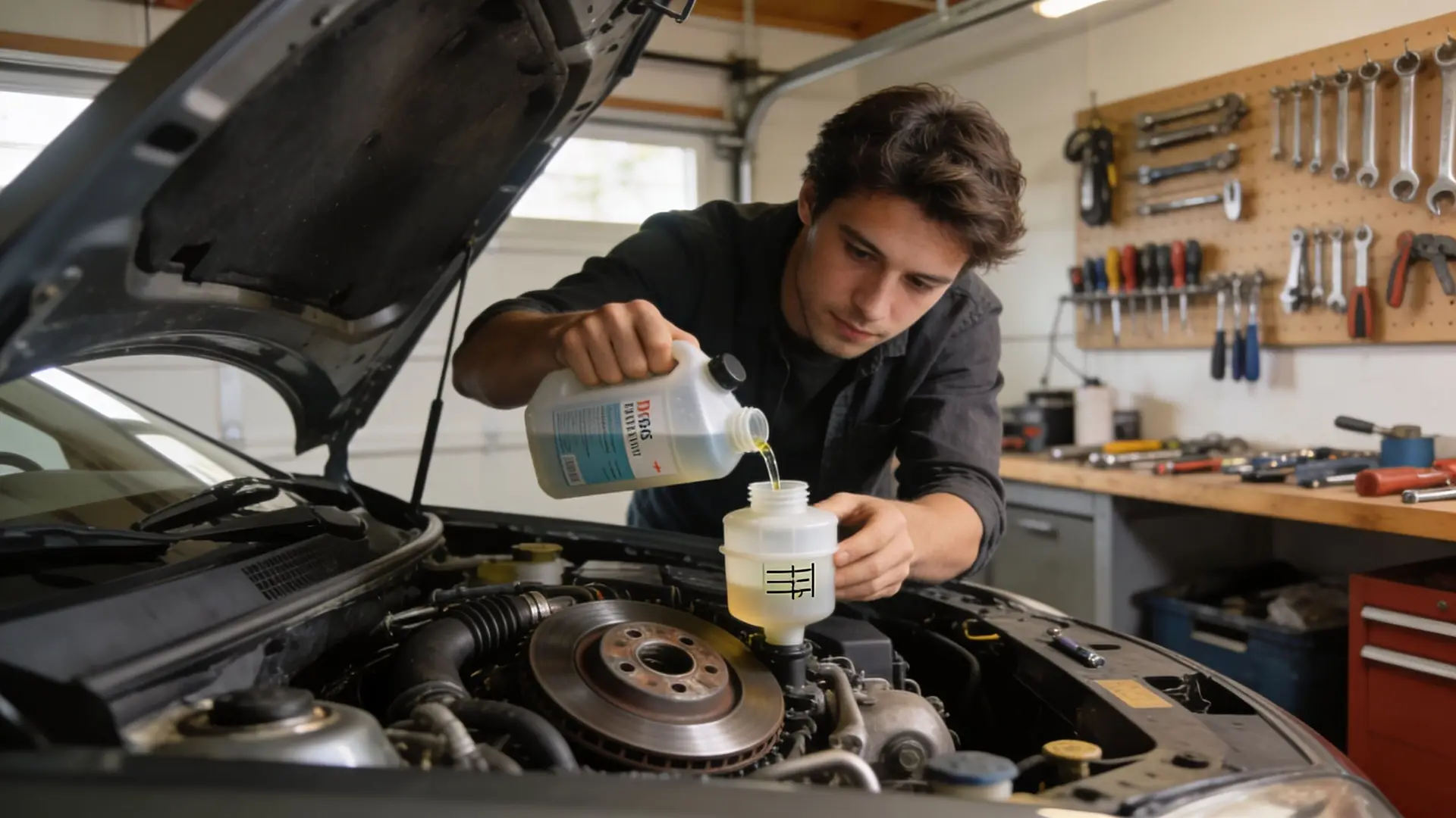 A young mechanic pouring brake fluid into a vehicle's reservoir in a well-equipped professional garage.