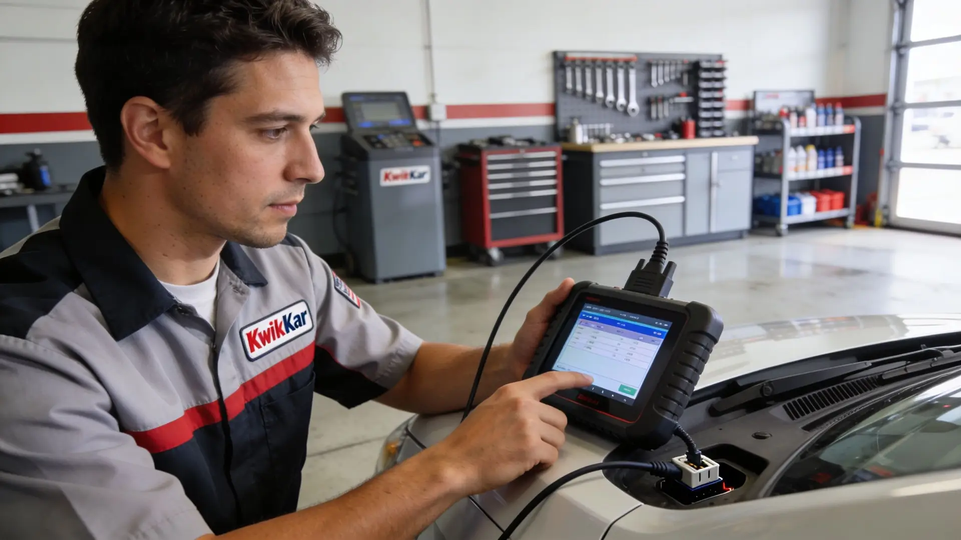 A professional mechanic uses a diagnostic scan tool to check a vehicle's ABS brakes and electronic systems.