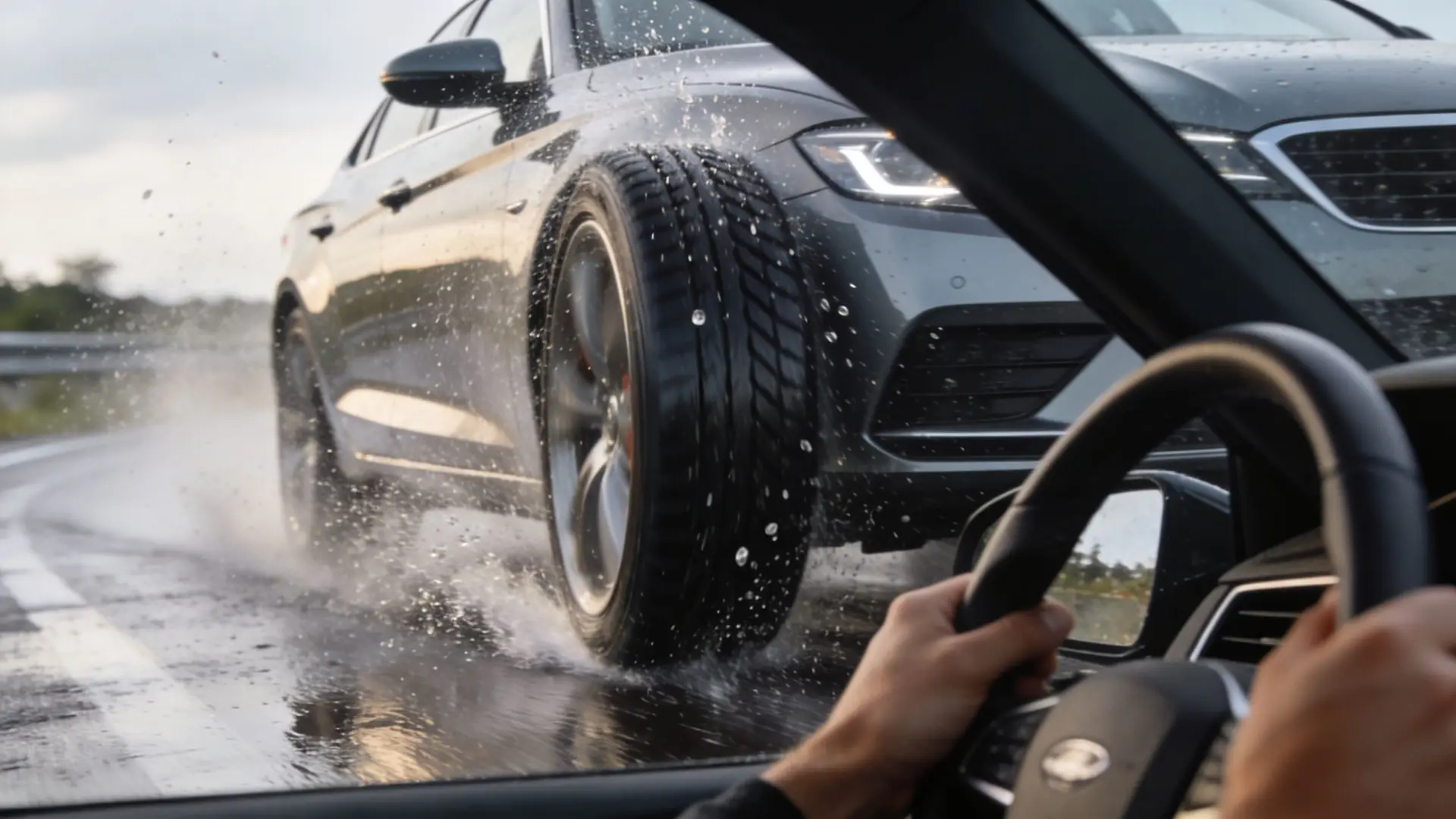 A driver steering a car on a wet road as another vehicle splashes water nearby.