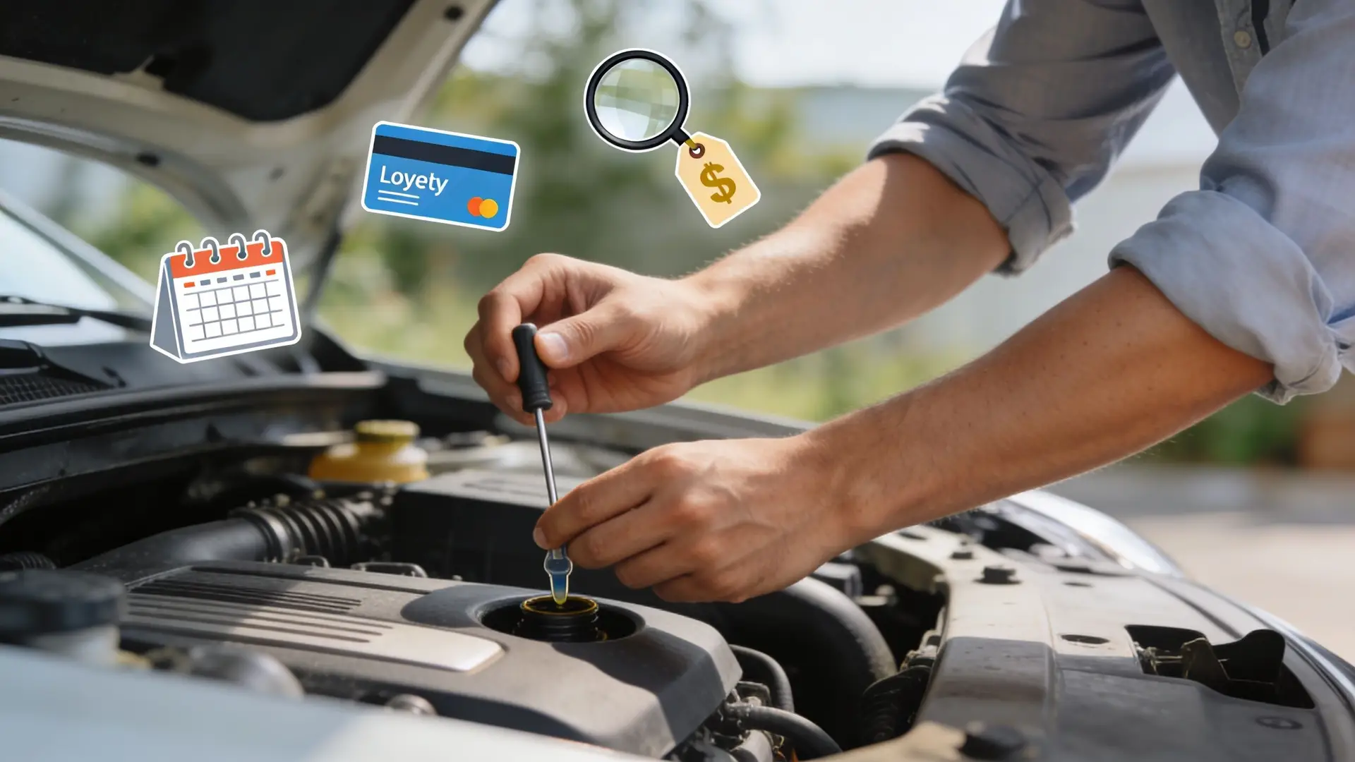 A mechanic checks engine oil levels in a car with icons for scheduling and service costs overlayed.
