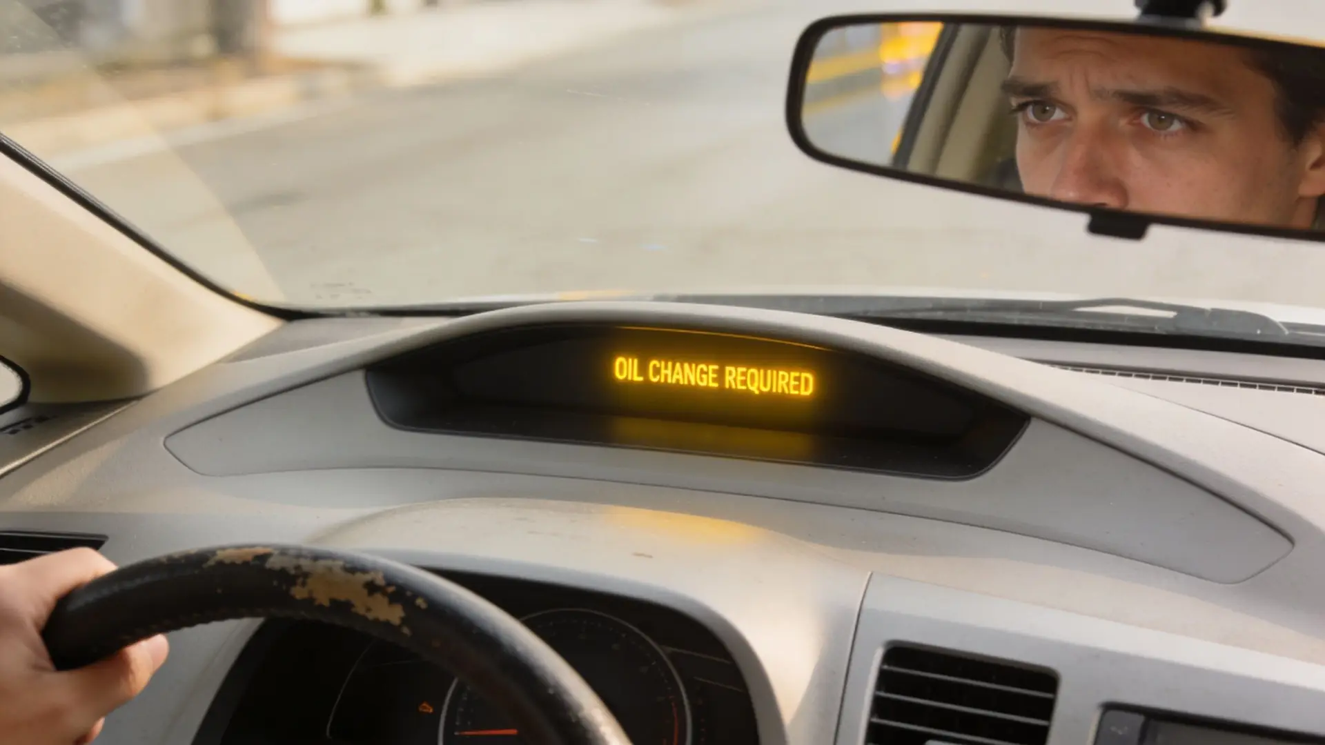 A close-up view of a car dashboard display showing an oil change required warning message while driving.