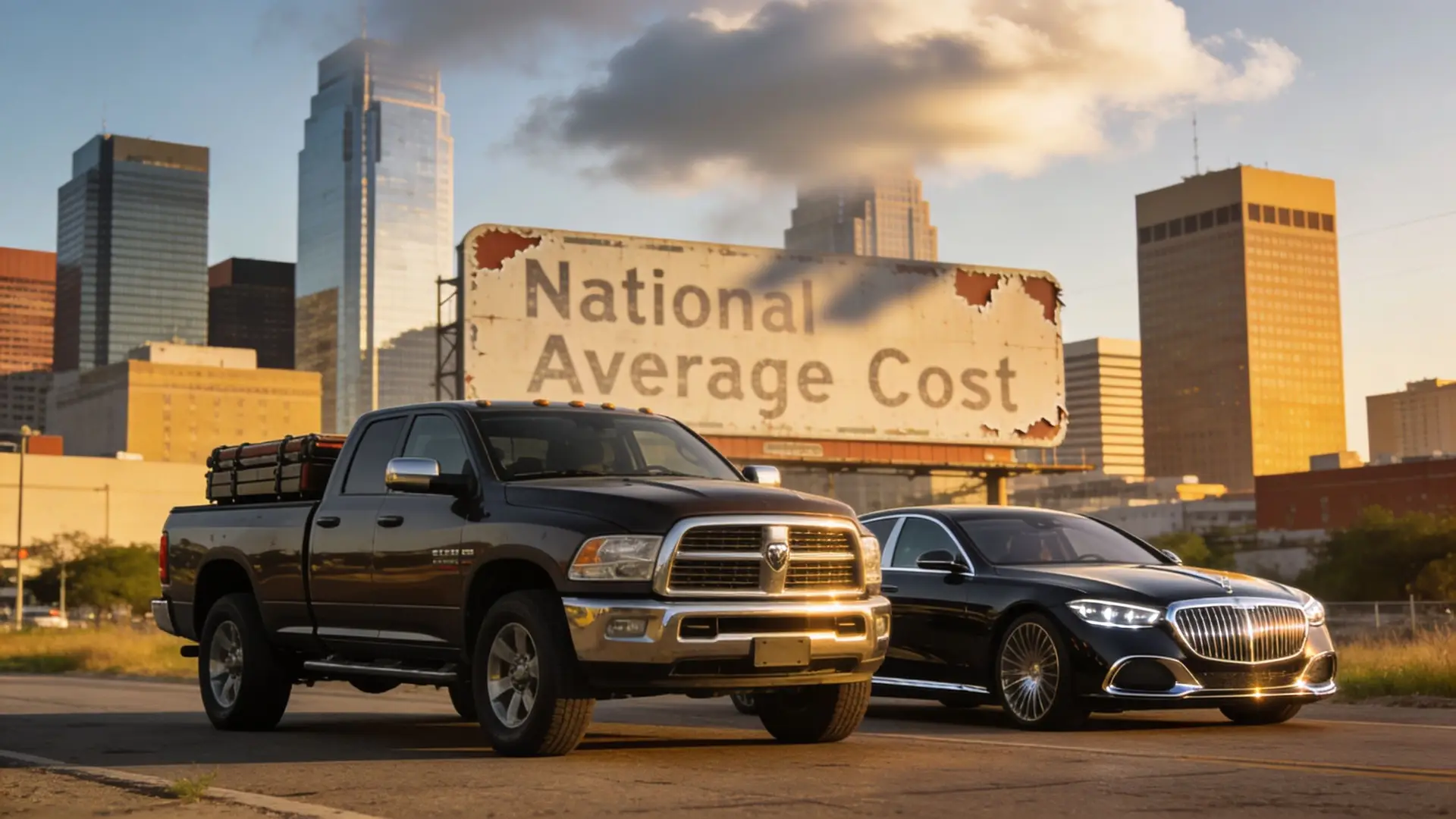 A black pickup truck and a luxury sedan parked on a road beneath a large billboard.