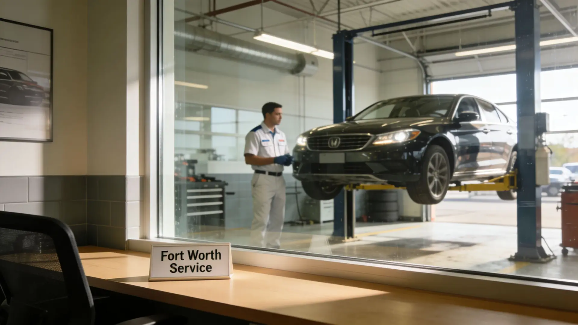 A professional mechanic in a service uniform stands inside a workshop near a car on a lift.